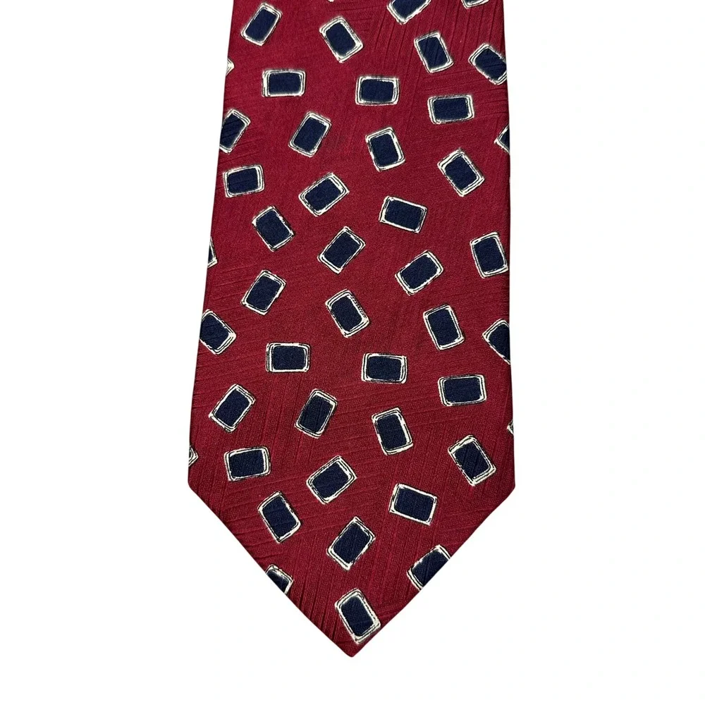 Jacobs Roberts Ltd Mens Silk Necktie Burgundy Red Navy Blue Geometric Rectangle